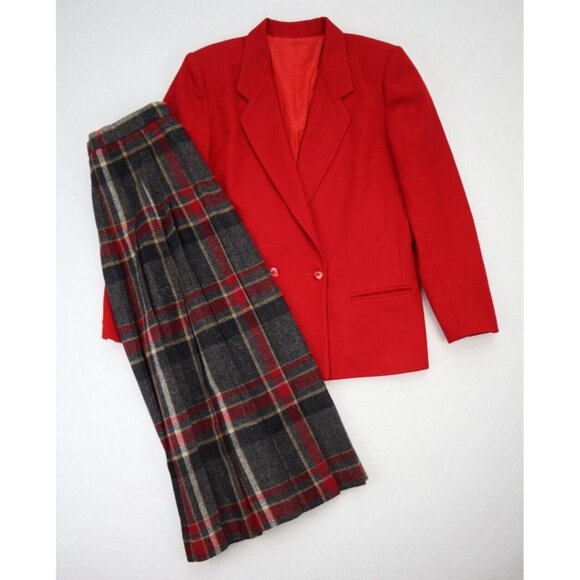 Mark Alexander Vintage Skirt Suit Size 12P Red Pleated Midi - Picture 2 of 16
